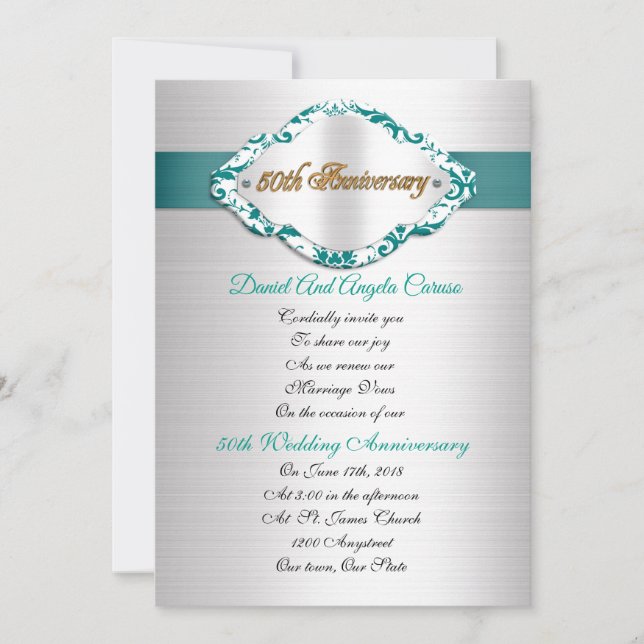 50e anniversaire du Mariage Invitation satin turqu (Devant)