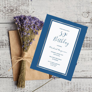 50e anniversaire fête bleu blanc argent invitation
