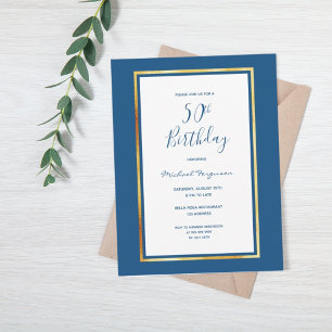 50e anniversaire fête bleu blanc or invitation