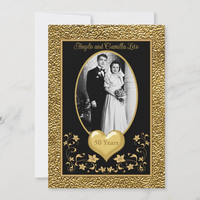 50e anniversaire, Gold Heart Invitation - Noir (Devant)