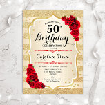 50e anniversaire - Gold Stripes Invitation Rose<br><div class="desc">Invitation du 50e anniversaire. Design élégant en or et rouge. Comprend des bandes d'or de parties scintillant fausse,  des roses rouges police de caractères stylisés et des confettis. Parfait pour une fête d'anniversaire glam.</div>