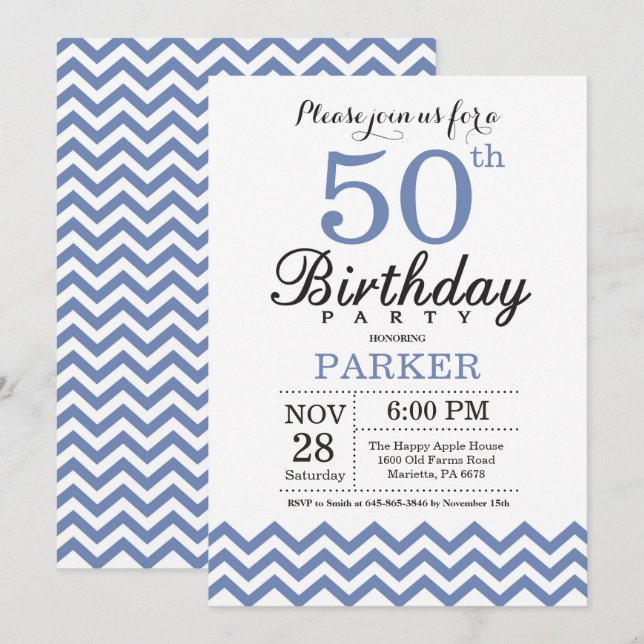 50e anniversaire Invitation Blue Chevron (Devant / Derrière)