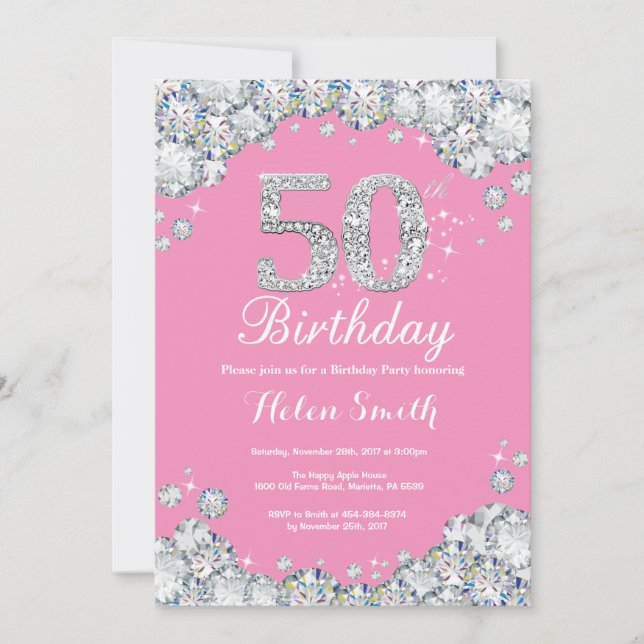 50e anniversaire Invitation Diamant rose et argent (Devant)