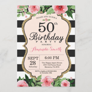 50e anniversaire Invitation Femmes. Noir d'or flor