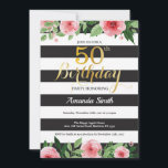 50e anniversaire Invitation Femmes. Noir d'or flor<br><div class="desc">50e anniversaire Invitation pour les femmes. Invitation de la fête d'anniversaire Black and Gold. Parties scintillant d'or. Fleur florale d'aquarelle rose. Grandes taches noires et blanches. Numérique imprimable. Pour plus de personnalisation,  cliquez sur le bouton "Customiser" et utilisez notre outil de conception pour modifier ce modèle.</div>