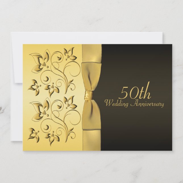 50e anniversaire Invitation florale noire et or (Devant)
