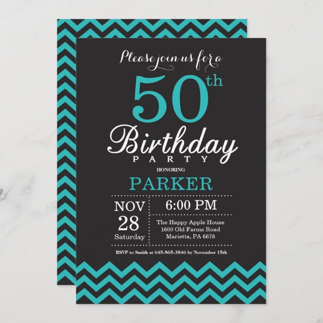 50e anniversaire Invitation Noir et Turquoise (Devant / Derrière)