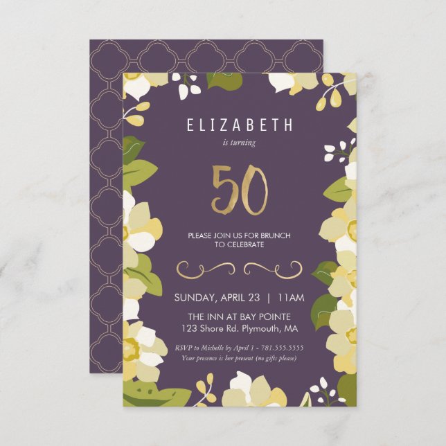 50e anniversaire Invitation Personnaliser Floral C (Devant / Derrière)