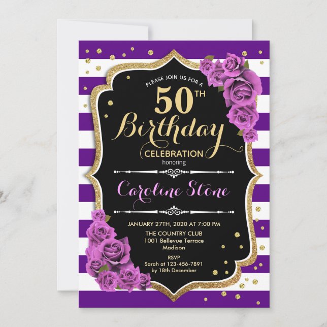 50e anniversaire Invitation Purple Gold avec Roses (Devant)