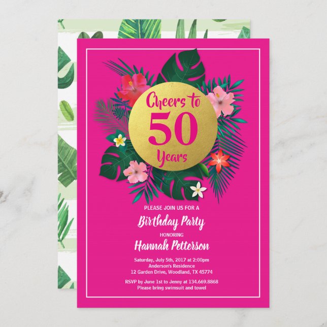 50e anniversaire invitation tropicale rose (Devant / Derrière)