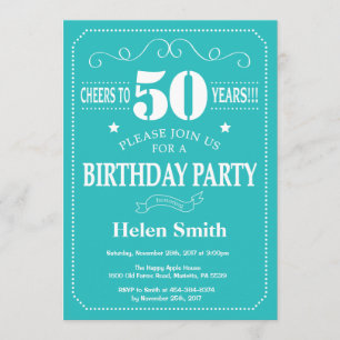 50e anniversaire Invitation Turquoise et blanche