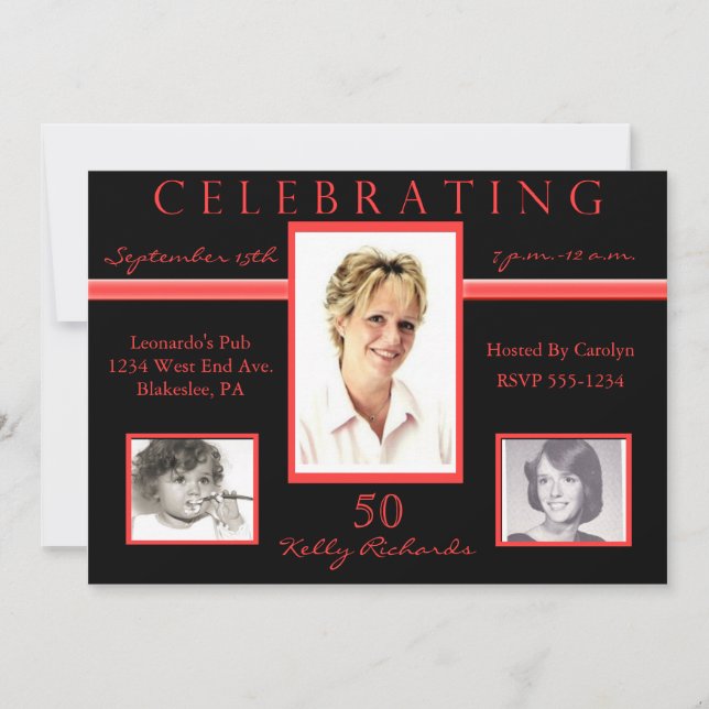 50e anniversaire Invitations photo triples Noirs e (Devant)