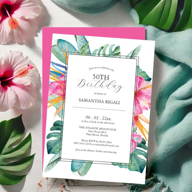 50e anniversaire Invitations tropicales (50th birthday invitations luau tropical floral watercolor art Victoria Grigaliunas Do Tell A Belle)