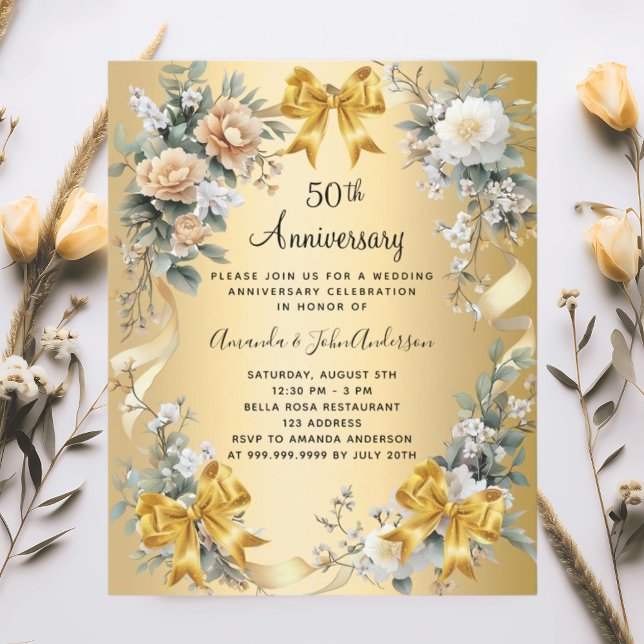 50e anniversaire mariage invitation à l'or floral (Créateur téléchargé)