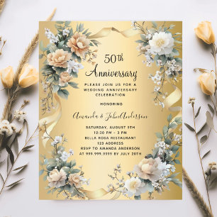 50e anniversaire mariage invitation florale or