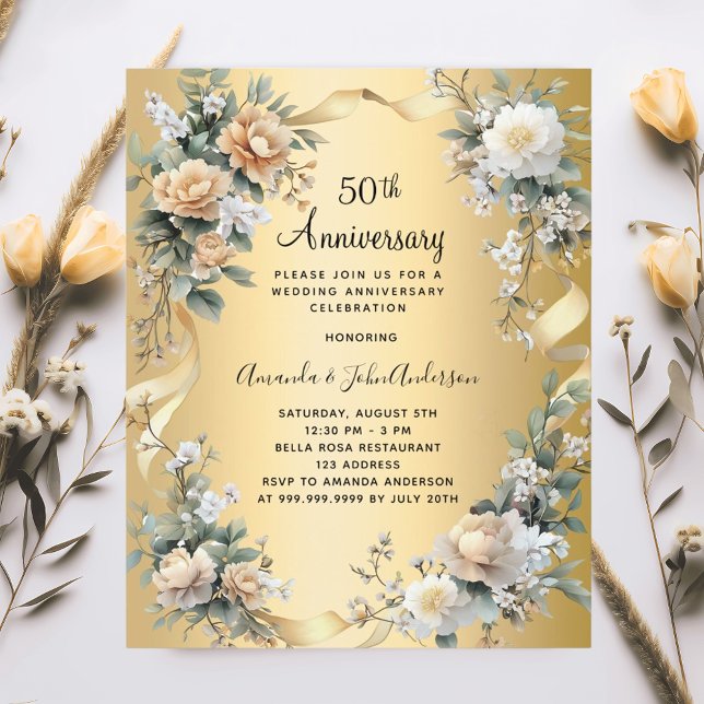50e anniversaire mariage invitation florale or (Créateur téléchargé)