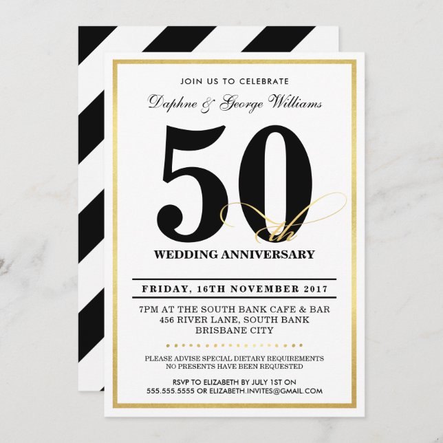 50E ANNIVERSAIRE MARIAGE INVITATIONS élégants en o (Devant / Derrière)