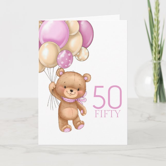 50e anniversaire mignon ballons roses fille carte  (Devant)