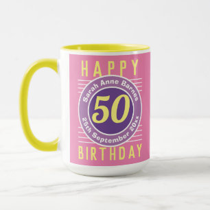 50e Anniversaire Mug avec âge, nom et date