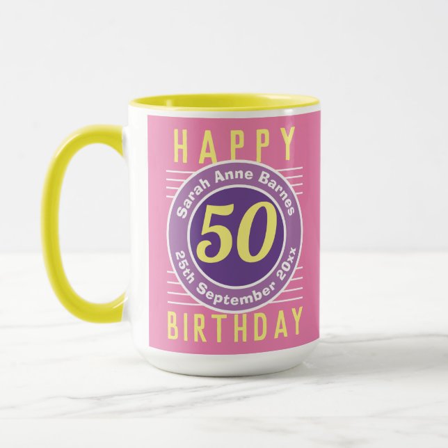 50e Anniversaire Mug avec âge, nom et date (Gauche)