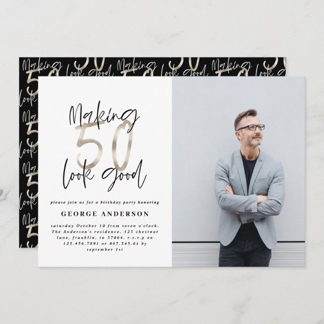 50e anniversaire noir argent élégant moderne (Devant / Derrière)