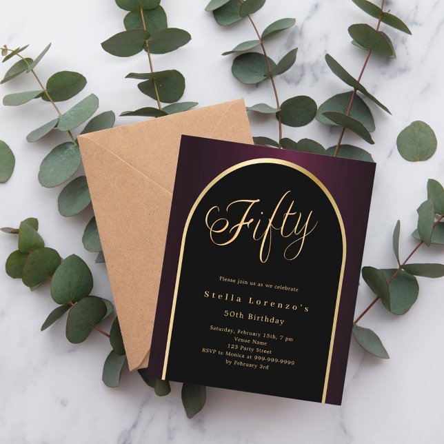 50e anniversaire noir bordeaux or invitation (Créateur téléchargé)