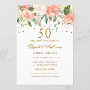 50e anniversaire Peach Gold Floral Invitation