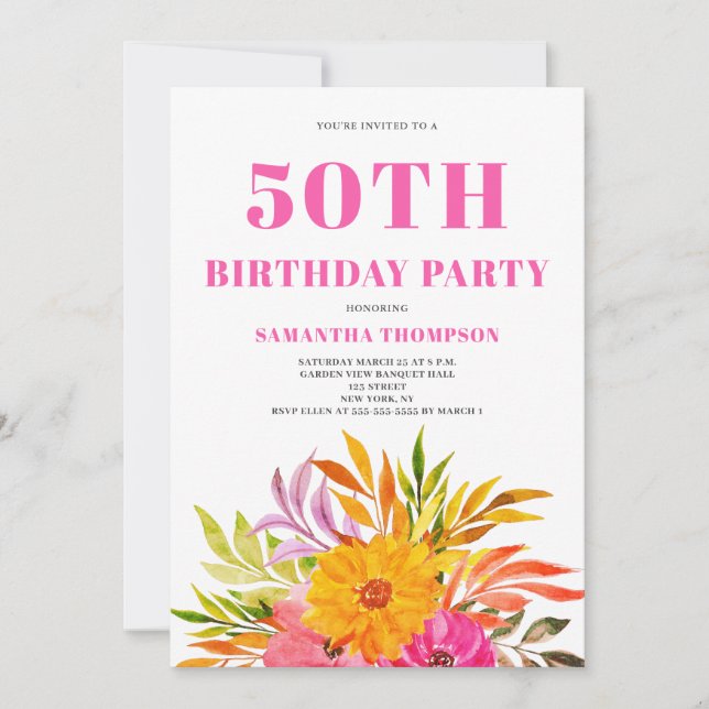 50e anniversaire Pink Tropical Floral Invitation (Devant)