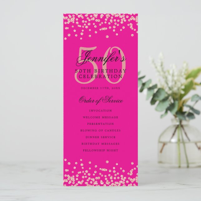 50e anniversaire Programme Menu Rose Gold Hot Pink (Debout devant)