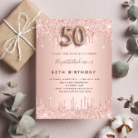 50e anniversaire rose invitation d'or<br><div class="desc">Une invitation moderne, élégante et glamour pour un 50ème anniversaire. Un arrière - plan d'or rose avec des gouttes d'or rose, look goutte de peinture. Le nom est écrit avec un rose moderne de couleur or foncé à la main écriture style. Personnalisez et ajoutez les détails de votre fête. Le...</div>