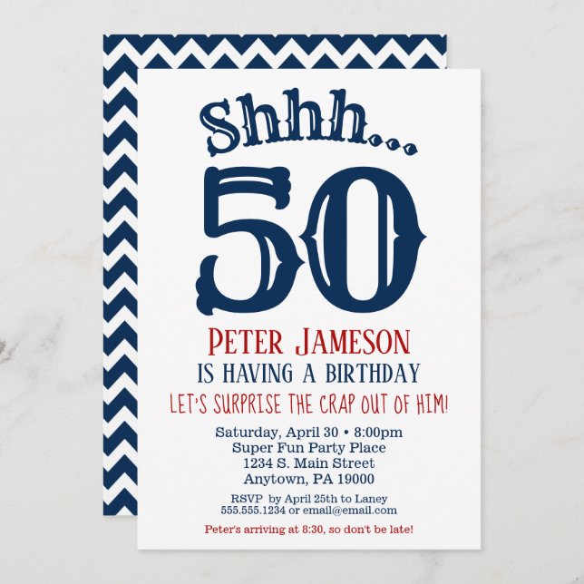 50e Anniversaire Surprise Invitation Homme Marine  (Devant / Derrière)