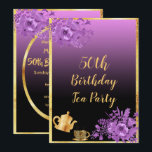 50e anniversaire thé fête invitation noir violet<br><div class="desc">Une carte d'invitation féminine et chic pour une fête de thé à 50e anniversaire. Glamour avec élégant et moderne noir et rose, dégradé violet, fond sombre. Avec un cadre en faux or et des fleurs à l'eau couleur violet et violet. Décoré d'une fausse théière dorée et d'une tasse de thé...</div>