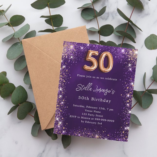 50e Anniversaire violet rose invitation or (Créateur téléchargé)