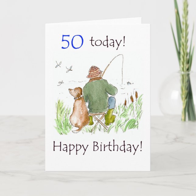 50e carte d'anniversaire - Homme pêche avec chien (Devant)