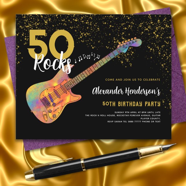 50e fête d'anniversaire 50 Rocks Gold Parties scin (Rock and Roll 50th birthday party black and gold glitter budget invitation funky electric guitar)
