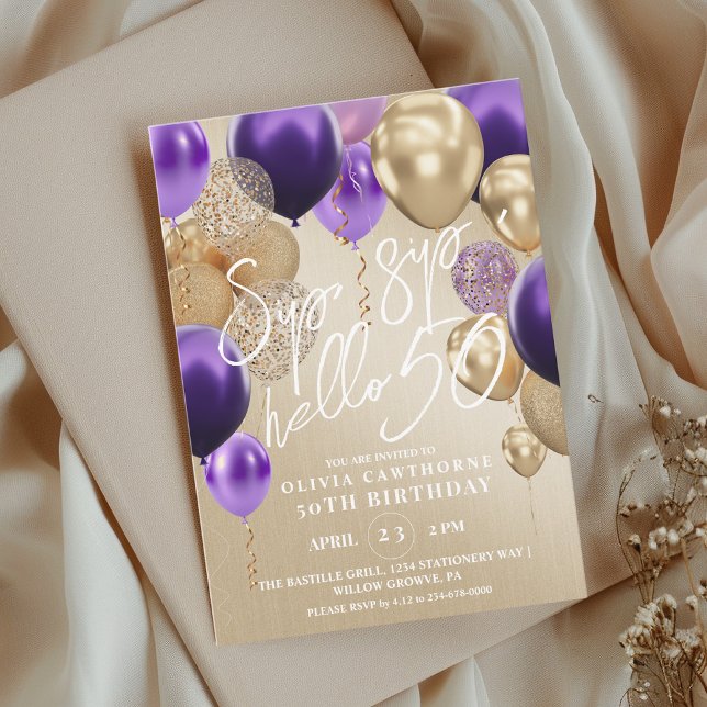50e Gold Purple Ballons Invitation de fête d'anniv (Créateur téléchargé)