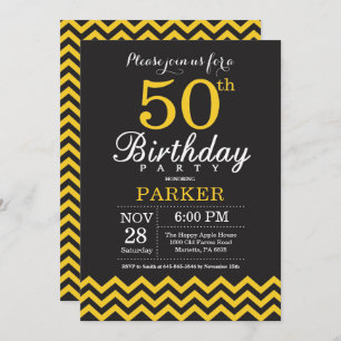 50e Invitation d'anniversaire Chevron noir et jaun