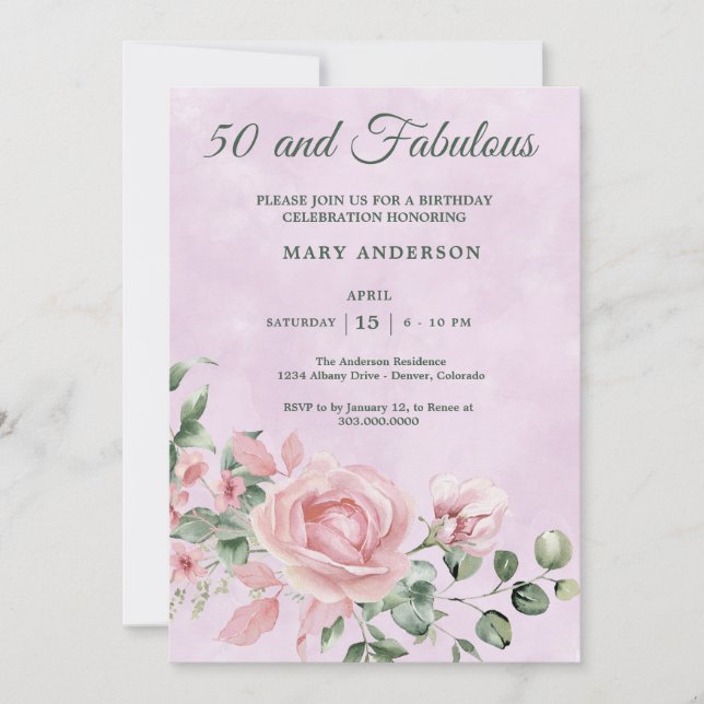 50e invitation rose à l'anniversaire (Devant)