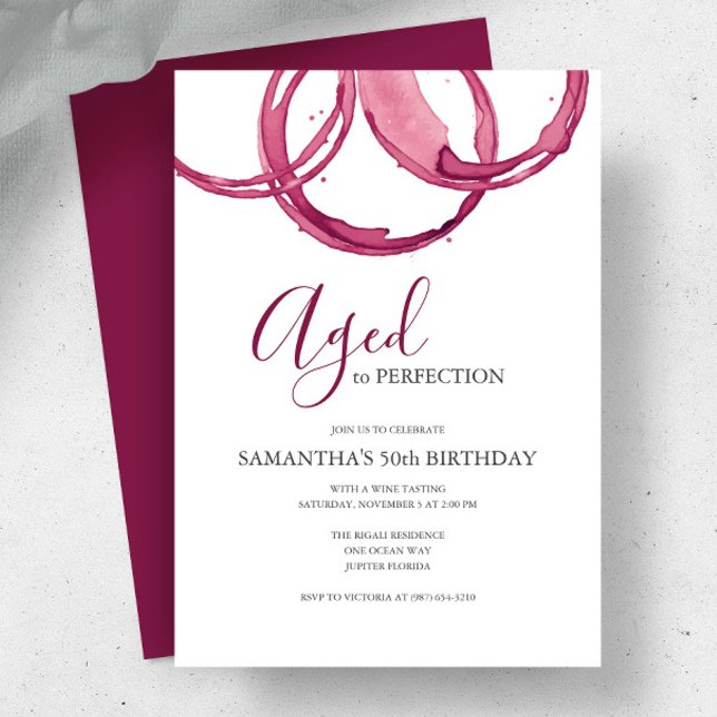 50ème Invitation Vin Pour Anniversaire (Wine tasting birthday party invitation aged to perfection with red wine rings. )