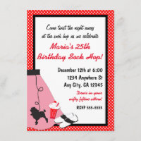 50's Cinties Sock Hop Poodle Jupe Rouge Invitation