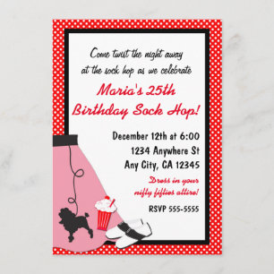 50's Cinties Sock Hop Poodle Jupe Rouge Invitation
