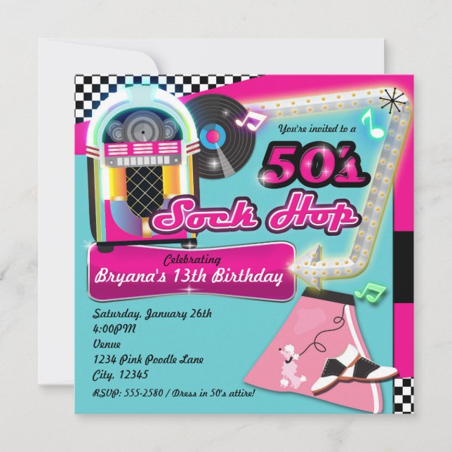 50's SOCK HOP Anniversaire fête Retro Invitation (Devant)