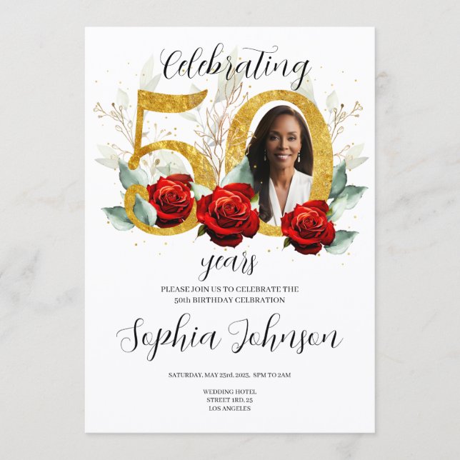 50th Birthday Invitation Photo Red Roses  (Devant)