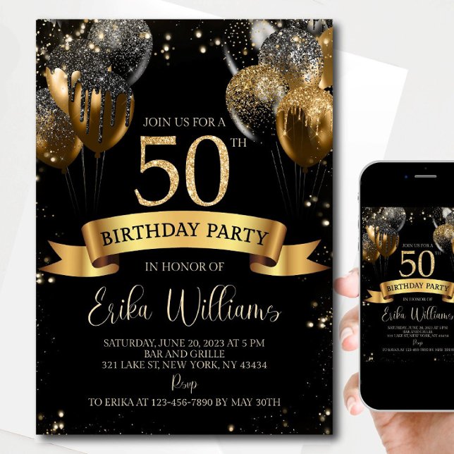 50th Birthday Invitation Template: Black Gold Ball (Créateur téléchargé)