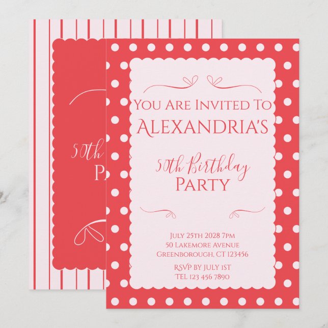 50th Birthday Party Pink Red Modern Invitation (Devant / Derrière)