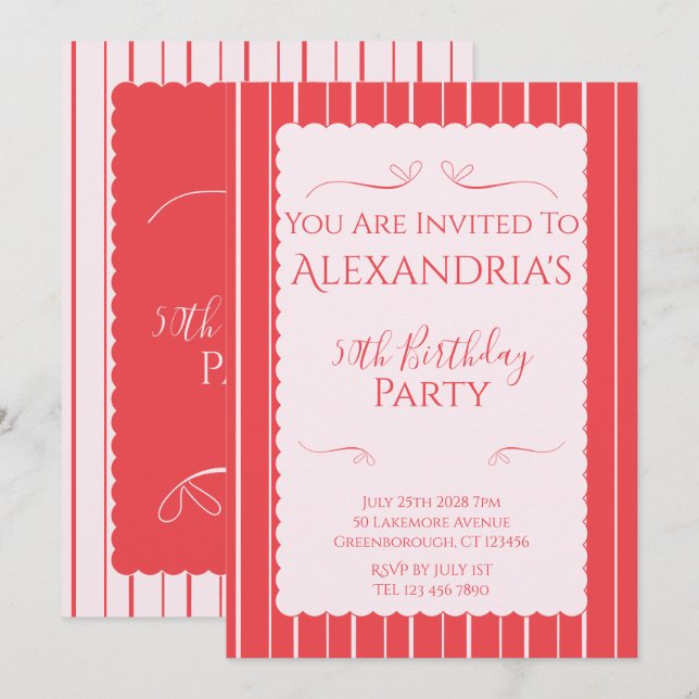 50th Birthday Party Pink Red Stripes Invitation (Devant / Derrière)