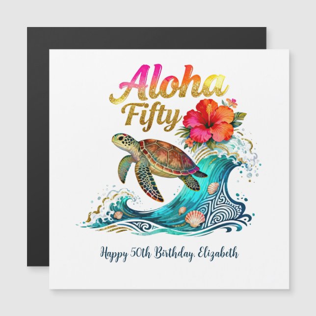 50th Magnetic Birthday Card Tropical Ocean Beach  (Devant / Derrière)