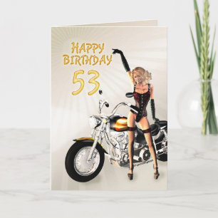 53e carte d'anniversaire avec une fille en moto
