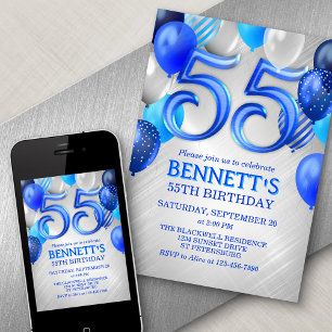 55e anniversaire Ballons Bleus Invitation