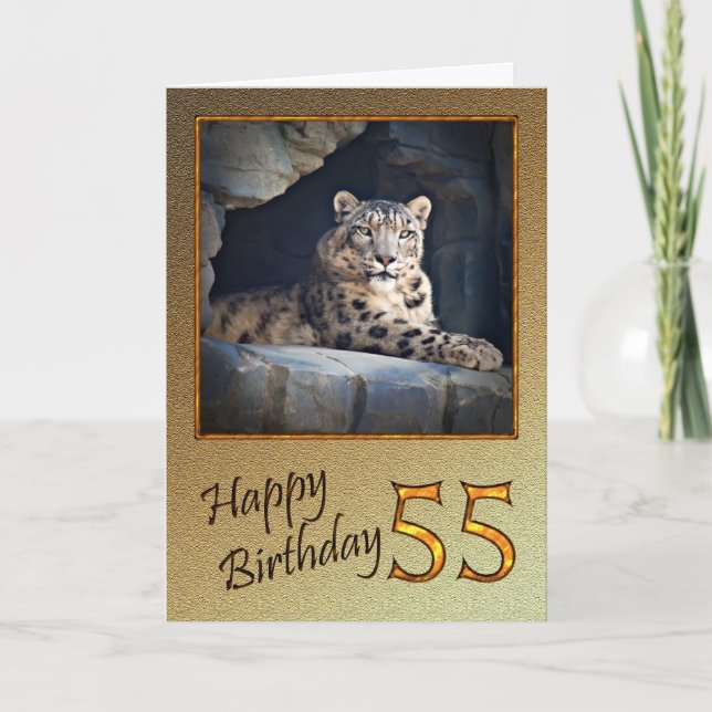 55e carte d'anniversaire avec un léopard des neige (Devant)